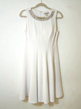 White Fit & Flare Dress Jeweled Neckline Size 8